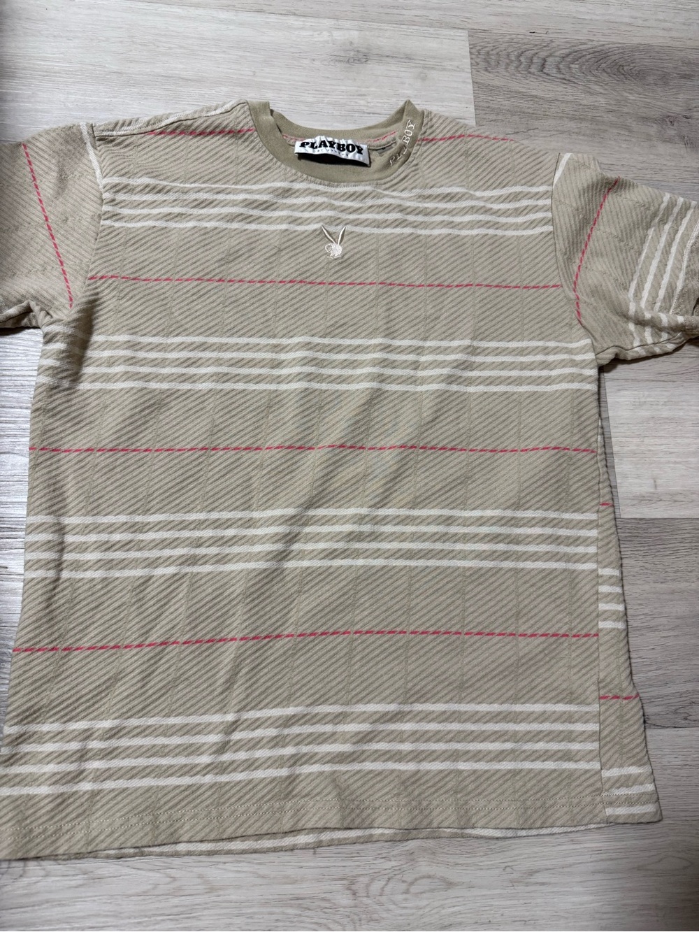 Playboy By Pacsun Tan Striped T-Shirt Mens Size Medium Embroidered Logo